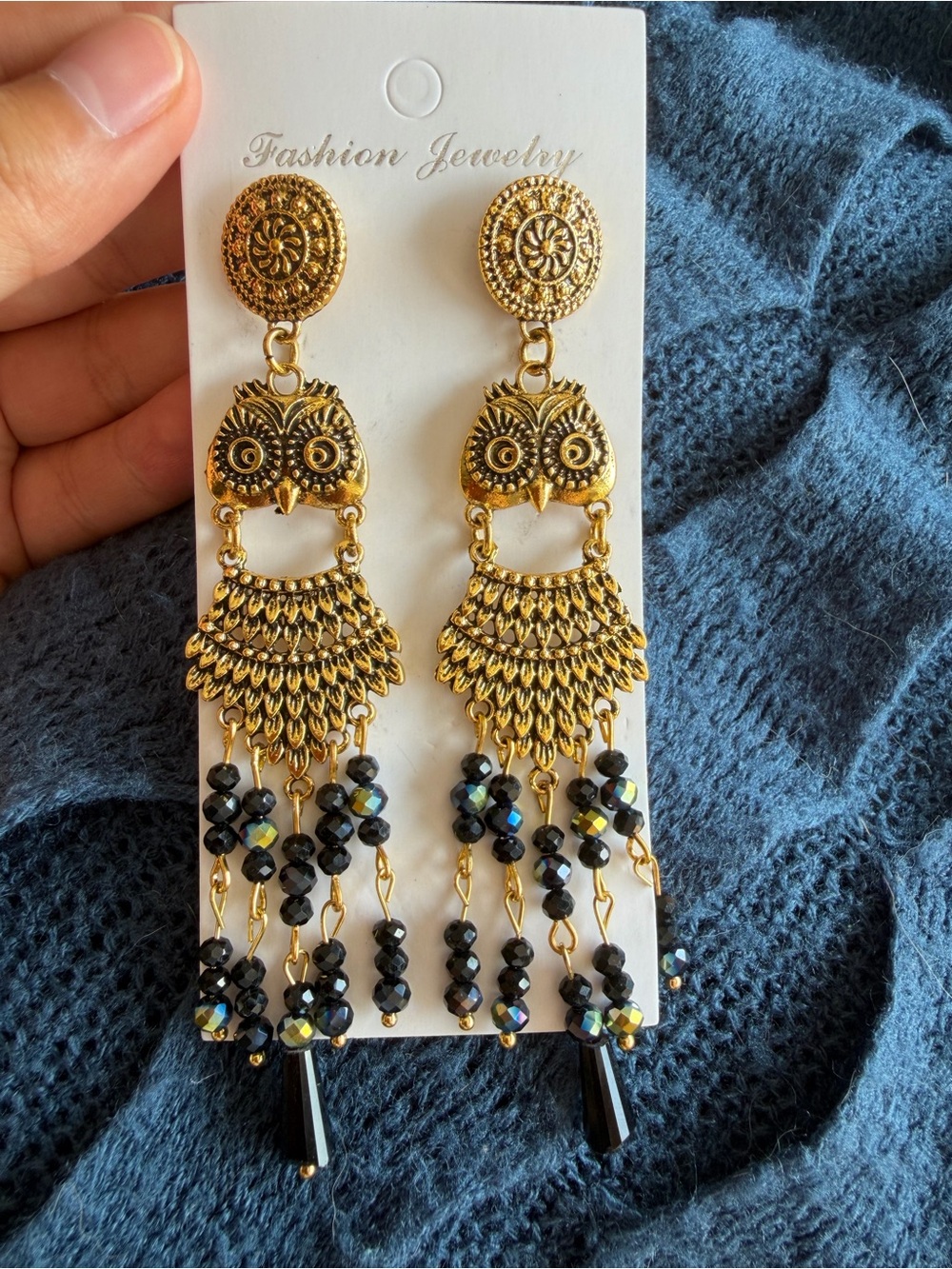 Fashion Jewelry Gold Owl Dangle Earrings with Black Bead Fringe